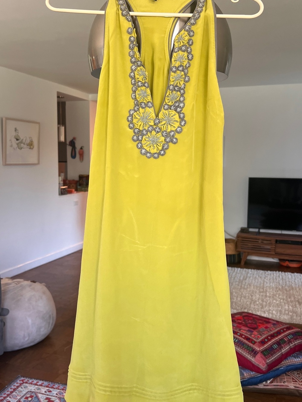 BCBGMaxAzria Yellow One-Shoulder Embellished Shift Dress with Silver Floral Trim